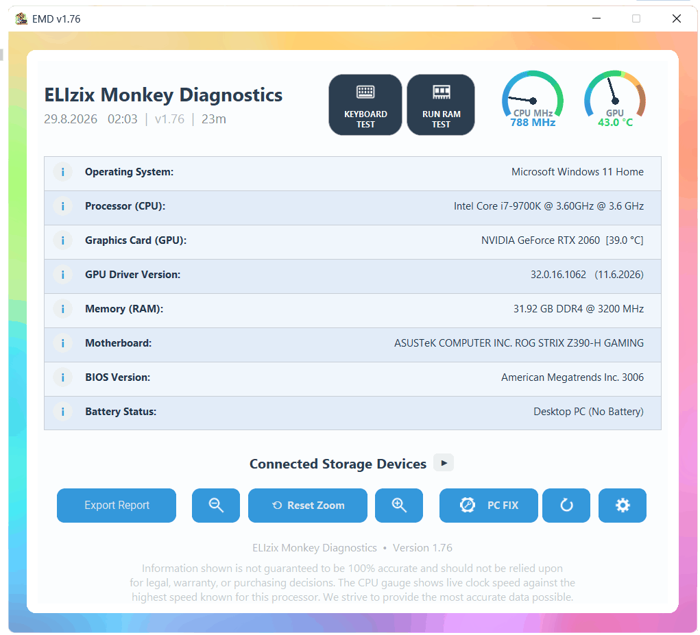 The main dashboard, listing operating system, processor, graphics card, driver version, memory, motherboard, BIOS and battery, with live CPU speed and GPU temperature gauges.