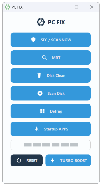 The PC FIX window, with buttons for SFC SCANNOW, MRT, Disk Clean, Scan Disk, Defrag and Startup Apps, plus a Turbo Boost button that runs them all in sequence.