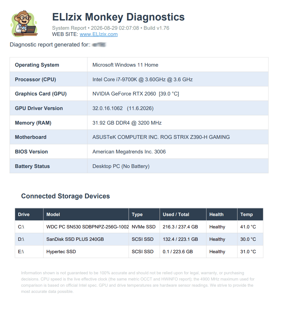 An exported PDF report, with a hardware specification table and a table of connected storage devices showing health and temperature.