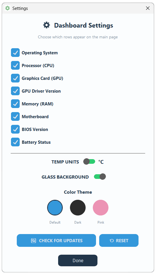 The settings window, where each dashboard row can be shown or hidden, with temperature unit, glass background and colour theme controls.